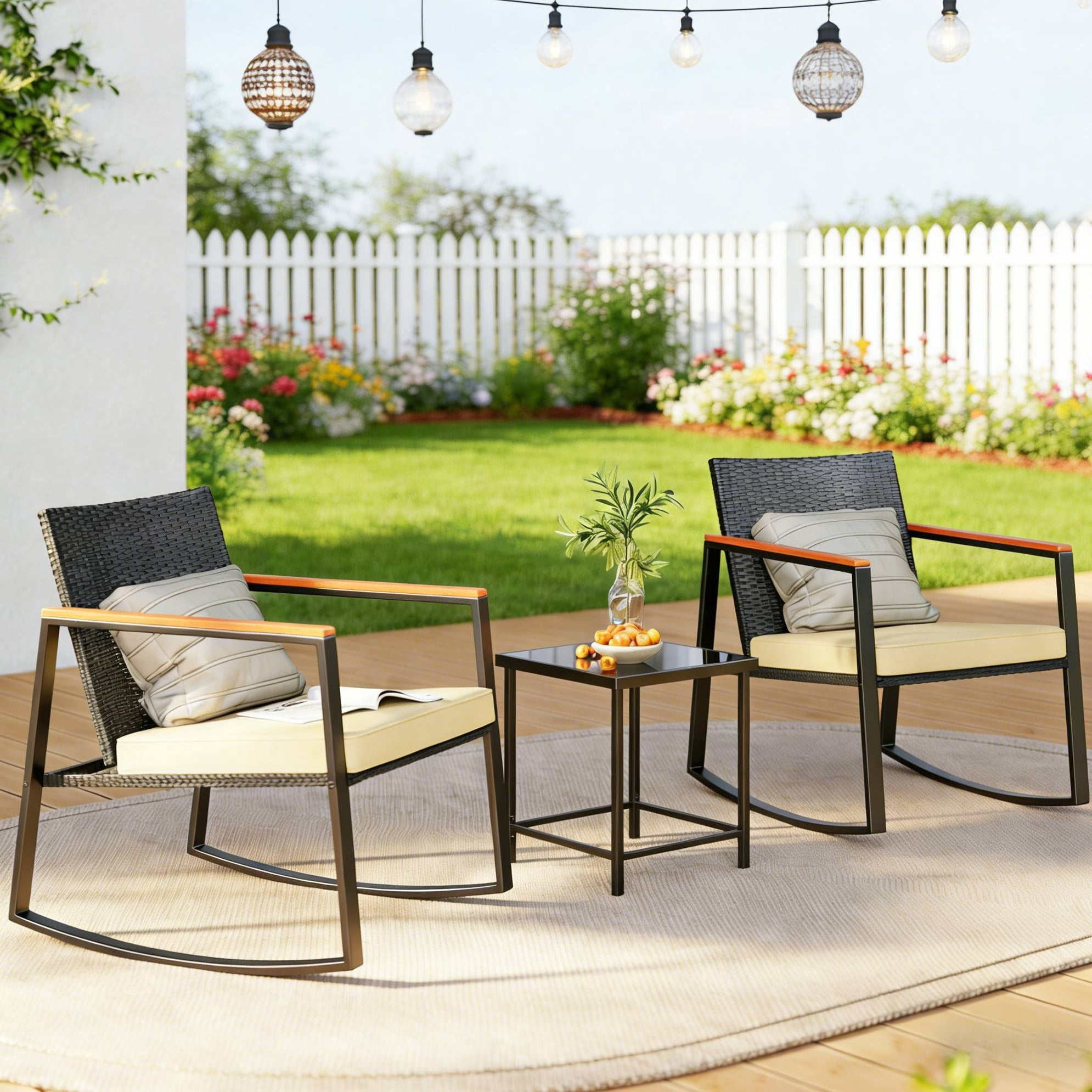 Lofka 3-Piece Rocking Patio Bistro Set, Outdoor Wicker Furniture Set with Tempered Glass Table & Chairs for Patio Balcony Porch, Beige