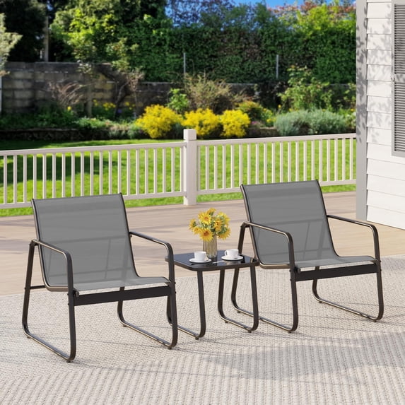 Lofka 3 Pieces Balcony Furniture Set with Tempered Glass Table, Sturdy Patio Furniture Set for Outdoor, Gray