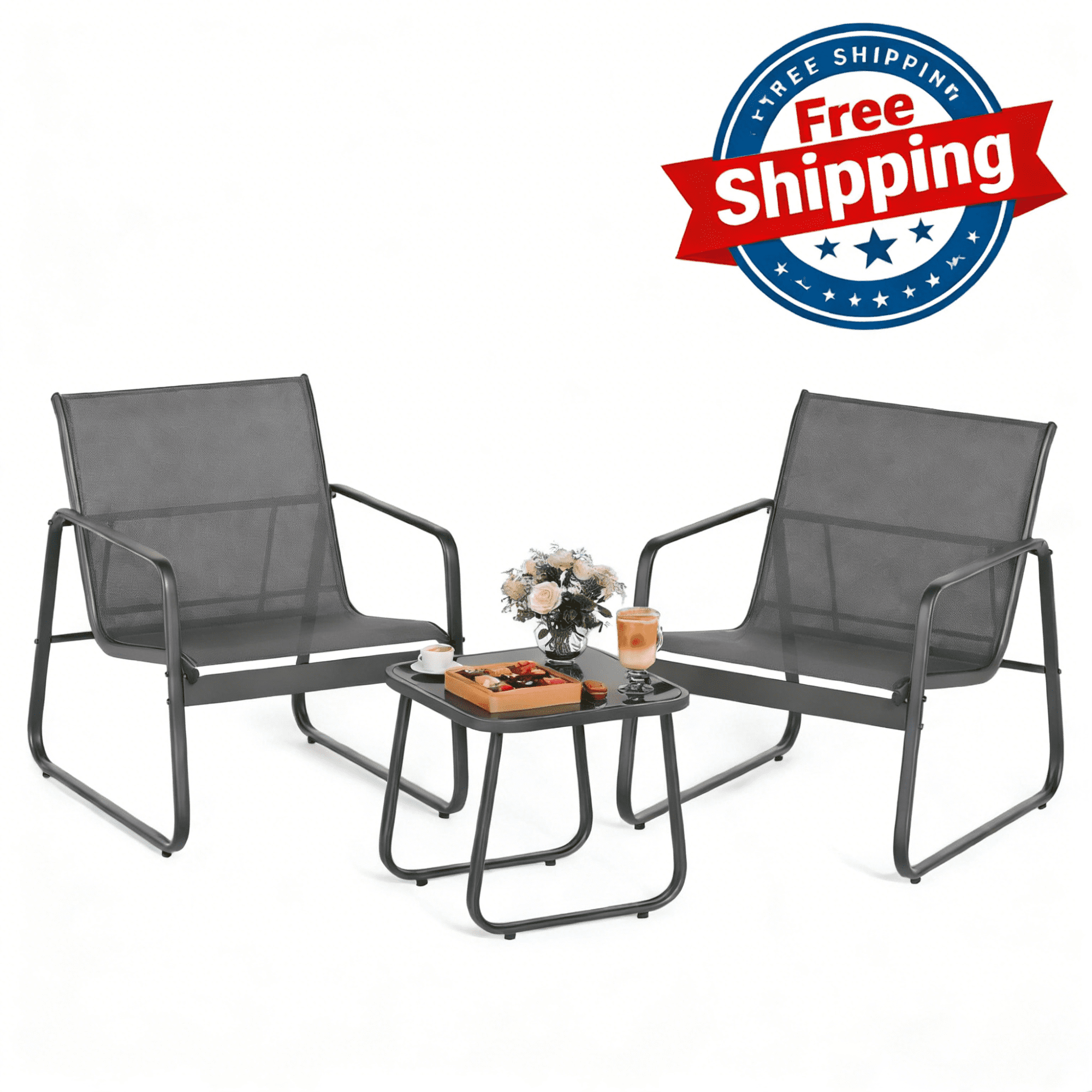 View of Lofka 3 Pieces Balcony Furniture Set with Tempered Glass Table, Sturdy ...