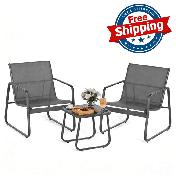 Lofka 3 Pieces Balcony Furniture Set with Tempered Glass Table, Sturdy Patio Furniture Set for Outdoor, Gray