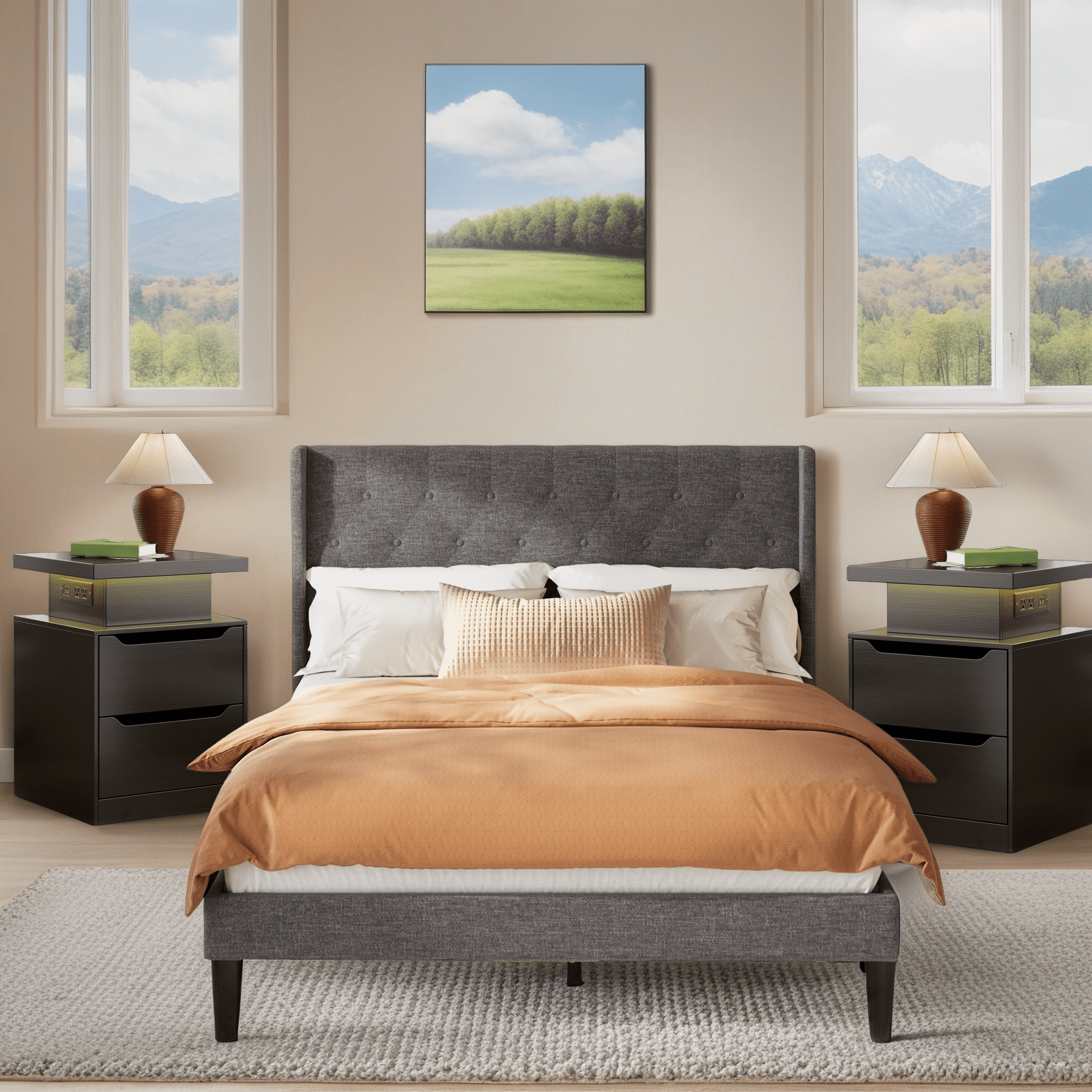 3 Pieces Bedroom Furniture Set,Includes Full Size Bed Frame with Headboard,4-Drawer Dresser & 6-Drawer Dresser, Gray/Black