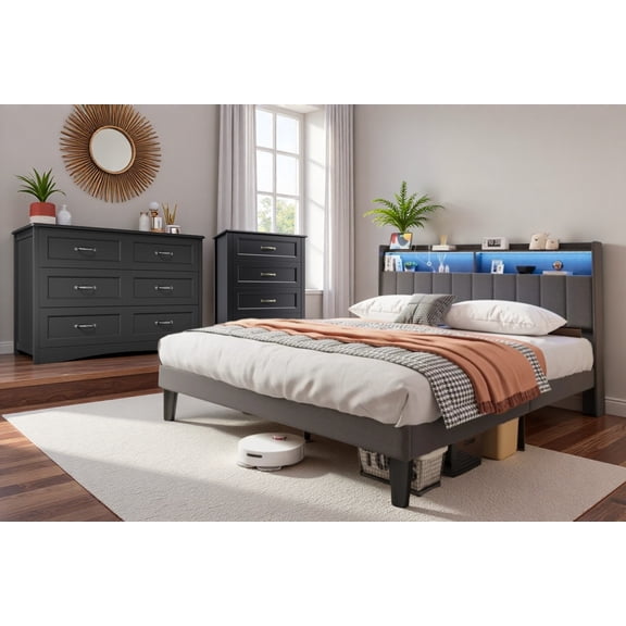 3 Pieces Bedroom Furniture Set,Includes Full Size Bed Frame with Headboard,4-Drawer Dresser & 6-Drawer Dresser, Gray/Black