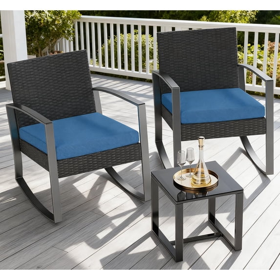 Lofka 3 Piece Patio Furniture Set Outdoor Wicker Rocking Furniture Conversation Set with Glass Coffee Table for Garden,Deck,Balconies,(Blue Cushion)