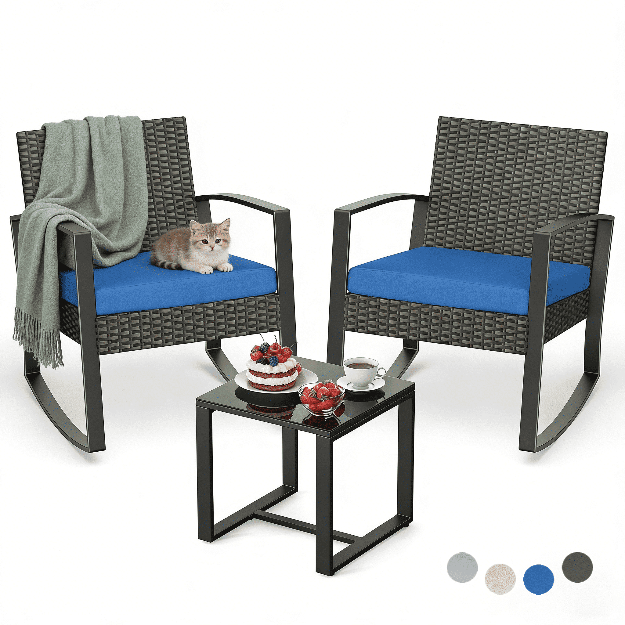 Lofka 3 Pieces Patio Bistro Chairs Set Outdoor Patio Furniture Sets with a Coffee Table, for Patio, Garden and Bistro, Blue Cushion