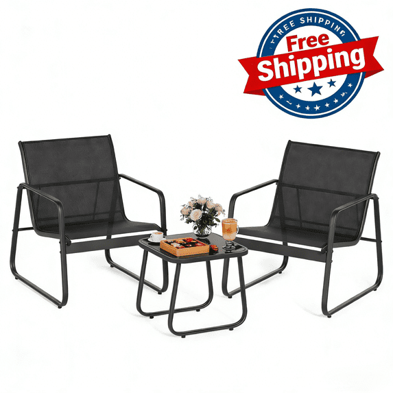 Lofka 3 Pieces Patio Chairs Set with Glass-Top Coffee Table, Outdoor Bistro and Patio Furniture Set for Porch|Backyard|Balcony, Black