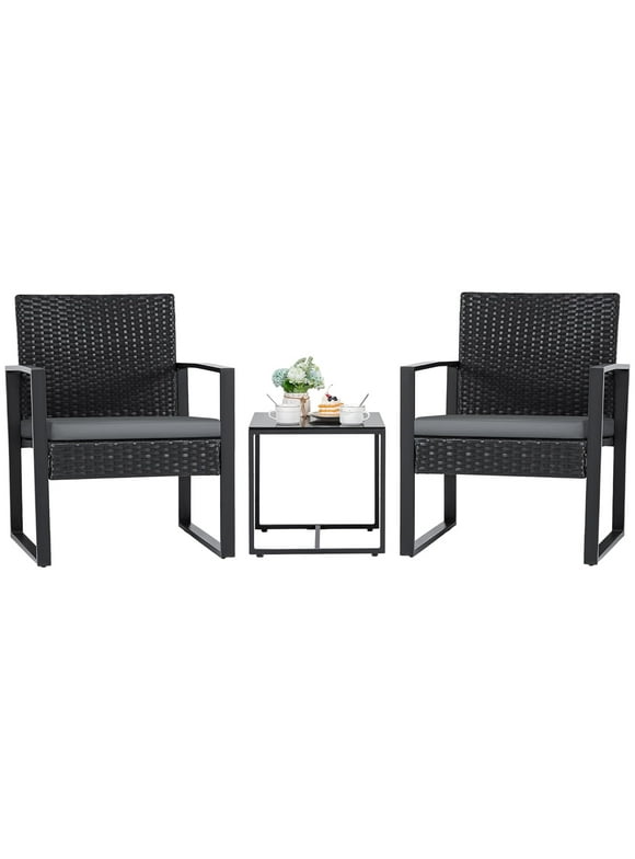 Lofka 3 Pieces Patio Chairs Set with Glass-Top Coffee Table, Outdoor Bistro and Patio Furniture Set for Porch|Backyard|Balcony, Gray Cushion