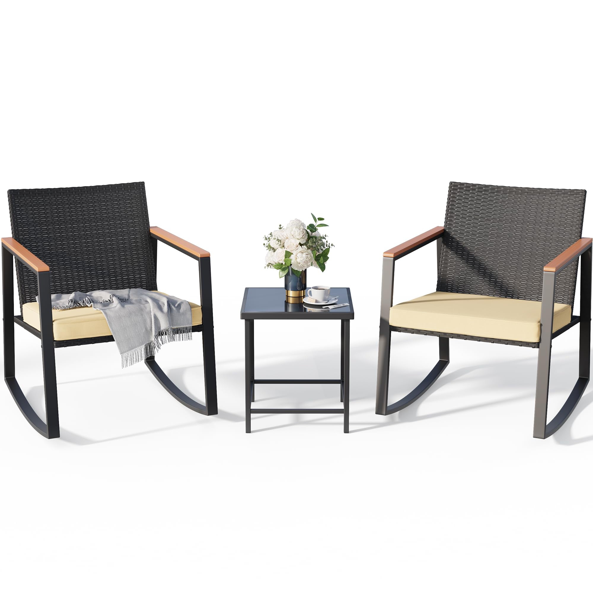 Lofka Patio Furniture Set with Tea Table, 3 Pieces Outdoor Wicker Rocking Chairs Set with Wooden Arm for Porch & Garden, Beige Cushion