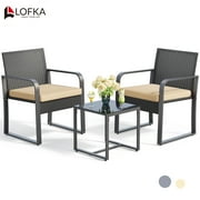 Lofka 3 Pieces Patio Wicker Chairs Set with Glass Coffee Table, Patio Furniture Set for Garden, Porch, Balcony, Yard, Bistro, Beige Cushion