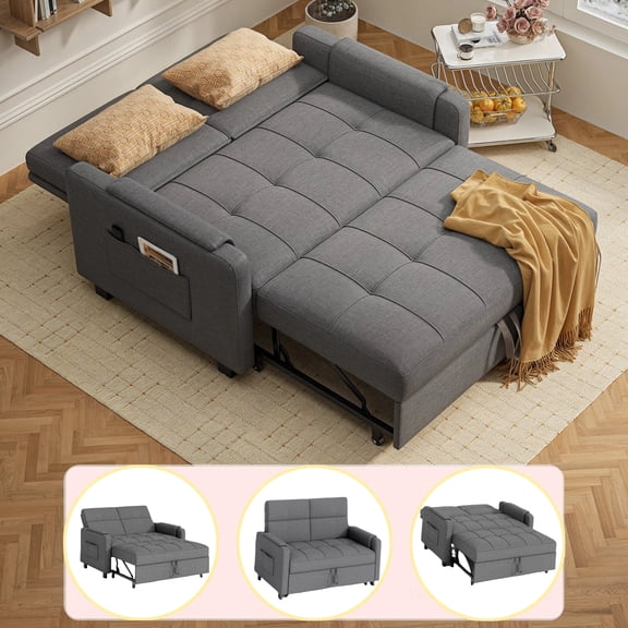 3-in-1 Convertible Sofa Bed, Lofka Linen 51.2'' Sleeper Sofa with Reclining Backrest and Side Pocket, Perfect for Living Room, Dark Grey
