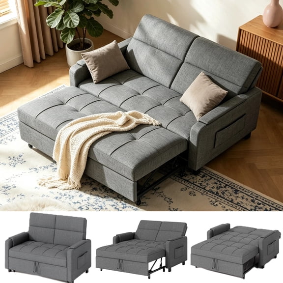 Lofka Pull Out Sofa Bed, 47.2" Convertible Sleeper Loveseat for Adults, Premium Linen Couch with Backrest for Living Room, Grey (500lbs Support)