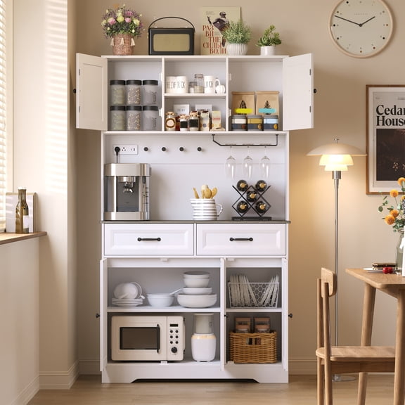 Lofka 39.3" Coffee Bar Cabinet with LED Lights and Charging Station, Kitchen Storage Cabinet with Wine Glass Holder, 5 Doors 2 Drawers Buffet Cabinet with Adjustable Shelves for Coffee Station, Dinin