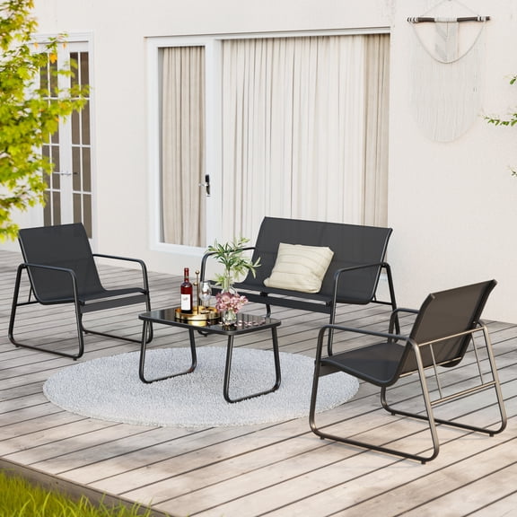 Lofka 4 PCS Patio Chairs Set, Outdoor Furniture Set with Loveseat and Cool Textile Fabric, Black