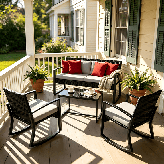 Lofka 4-Piece Patio Furniture Set, Outdoor Wicker Rocking Chairs with Loveseat & Glass Coffee Table, UV-Resistant, Removable Cushions, 300lbs Capacity for Backyard Balcony
