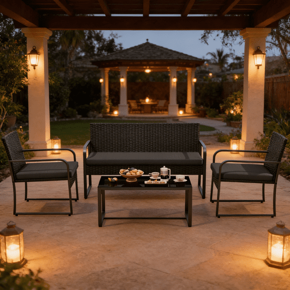 Patio Furniture Set Lofka 4 Pieces Outdoor Wicker Conversation Set with Tempered Glass Table, Modern Rattan for Balcony/Porch/Poolside, Black Cushion