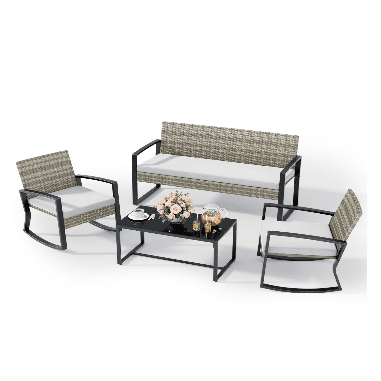Lofka Patio Furniture Set, 4-Piece Outdoor Rocking Chairs Set, Gray PE Rattan, Glass Table