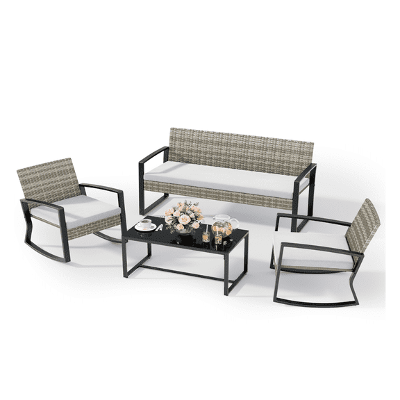 Lofka Patio Furniture Set, 4-Piece Outdoor Sectional Furniture Set with Coffee Table for Conversation & Dining, Gray Rattan