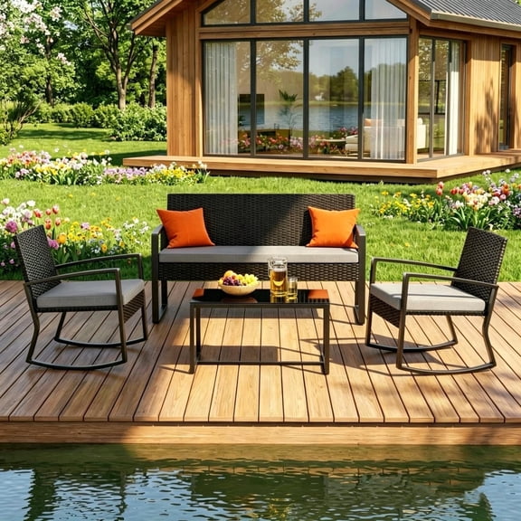 Patio Furniture Set, Lofka 4 Pieces All-Weather Outdoor Conversation Set with 2 Rattan Wicker Rocking Chairs, Glass Table & Removable Cushions, Gray