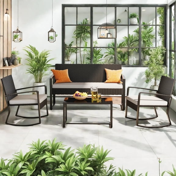 Patio Furniture Set for 4,Lofka 4 Pieces Patio Comversation Set with Outdoor Rocking Chairs,Rattan Loveseat,Glass Bistro Coffee Table,Removable Cushion for Backyard Balcony Lawn Pool,Gray