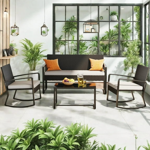 Patio Furniture Set for 4,Lofka 4 Pieces Patio Comversation Set with Outdoor Rocking Chairs,Rattan Loveseat,Glass Bistro Coffee Table,Removable Cushion for Backyard Balcony Lawn Pool,Gray