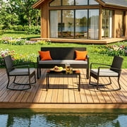 Patio Furniture Set, Lofka 4 Pieces Outdoor Conversation Set with Rattan Wicker Rocking Chairs, Removable Cushions & Glass Table, Gray