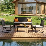Patio Furniture Set, Lofka 4 Pieces Outdoor Conversation Set with Rattan Wicker Rocking Chairs, Removable Cushions & Glass Table, Gray