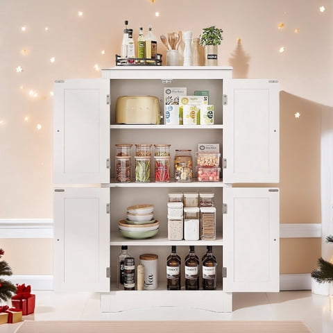 Lofka 43" Kitchen Pantry Storage Cabinet with 4 Magnetic Doors and Adjustable Shelves, White