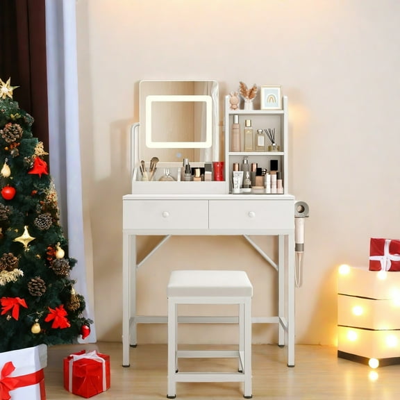 Vanity Desk, Lofka Vanity Mirror with Lights, Small Makeup Vanity Table with 3 Storage Shelves, 2 Drawers and Stool for Women Girls, White