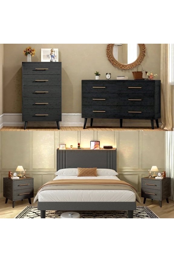 5-Piece Modern Bedroom Furniture Set Full Bed Frame with Charging Station & LED Lights, 2 Nightstands, 5-Drawer Dresser & 6-Drawer Chest, Black