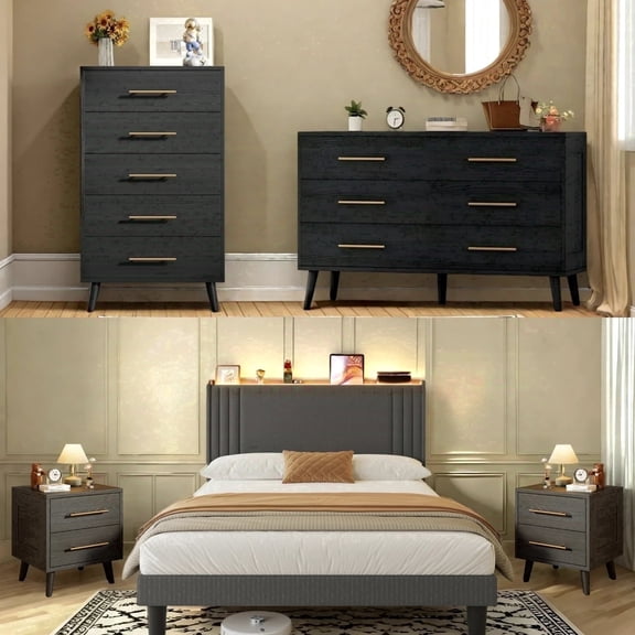 Lofka 5-Piece Modern Bedroom Furniture Set Full Bed Frame with Charging Station & LED Lights, 2 Nightstands, 5-Drawer Dresser & 6-Drawer Chest, Black