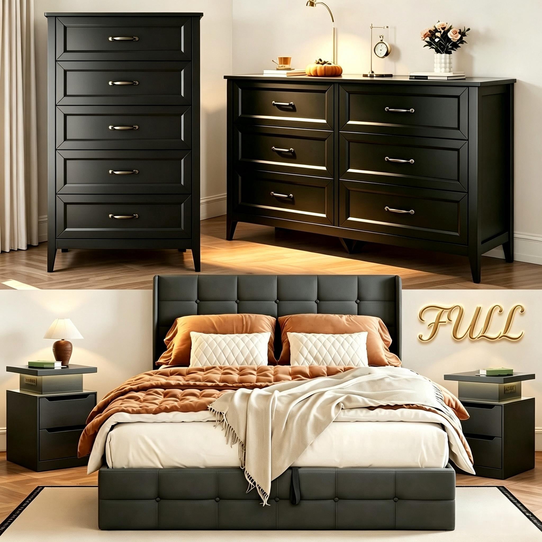 Lofka 5-Piece Modern Bedroom Furniture Set-Full Bed Frame , 2 Nightstands with Charging Station & LED Lights, 5-Drawer Dresser & 6-Drawer Chest, Black