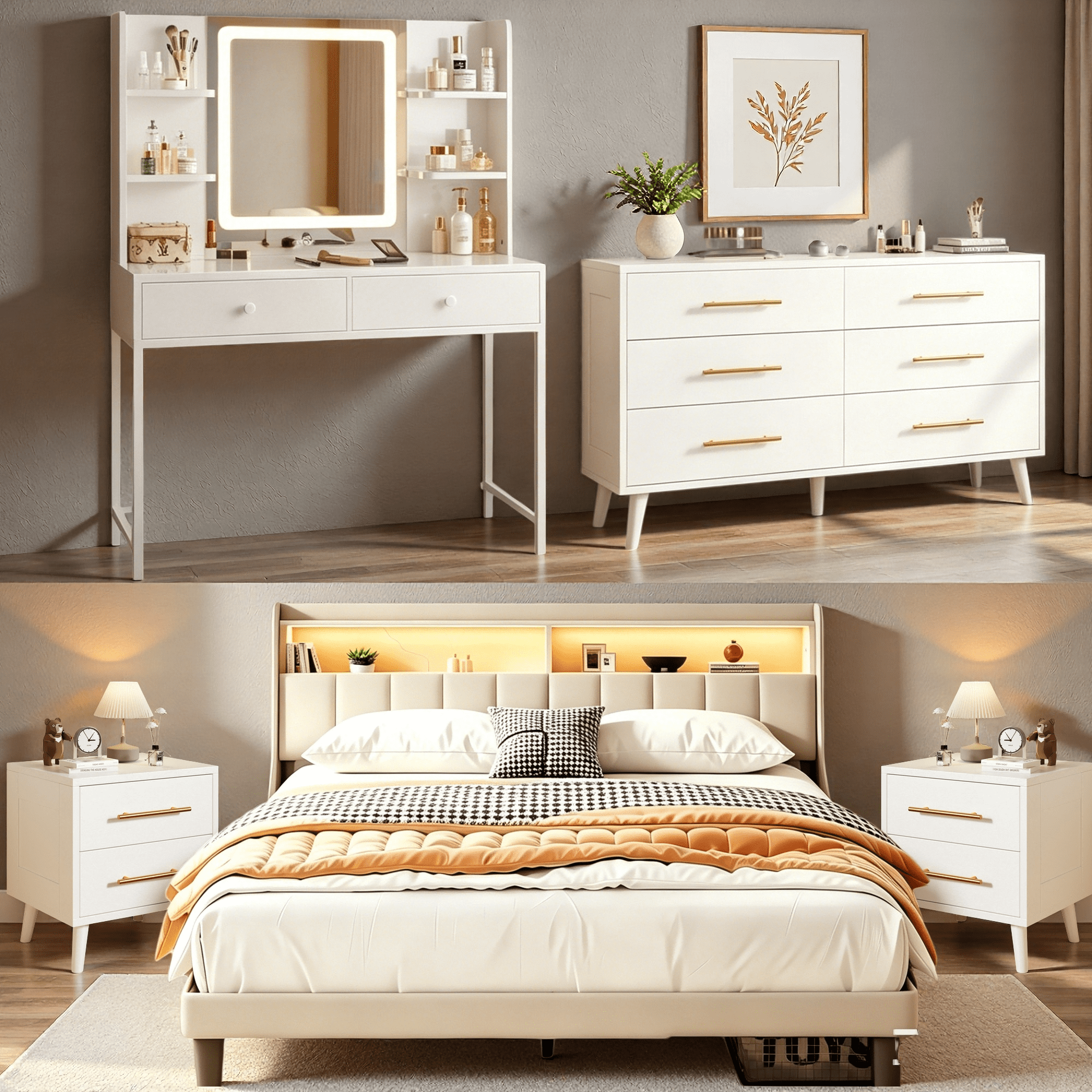 beige nightstand and dresser Furniture of America Lena 3-Piece Oak 2-Drawer 27 in. W Nightstand and  Dresser (Set of 2) IDF7369AK-2NSD