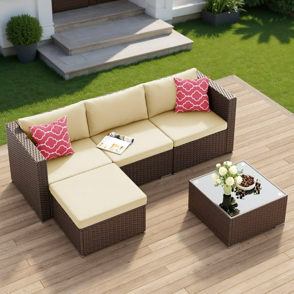 Lofka 5 Piece Patio Furniture Set , Outdoor Furniture Conversation Rattan Patio Set with Cushion and Glass Table ,Beige