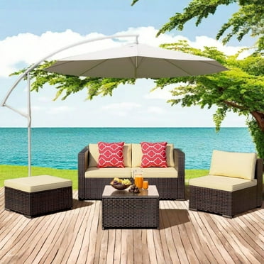 Lofka 5 Piece Patio Furniture Set , Outdoor Furniture Conversation Rattan Patio Set with Cushion and Glass Table ,Beige