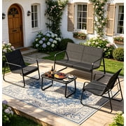 4 Piece Patio Furniture Set, Lofka Outdoor Patio Furniture with Loveseat, 2 Single Chairs and Glass Coffee Table, for Backyard, Balcony, Lawn,Black