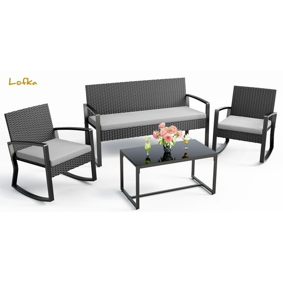Lofka Outdoor Patio Furniture Set with Rocking Chairs and Tempered Glass Table for Balcony, Garden & Bistro in Gray, Rattan & Metal