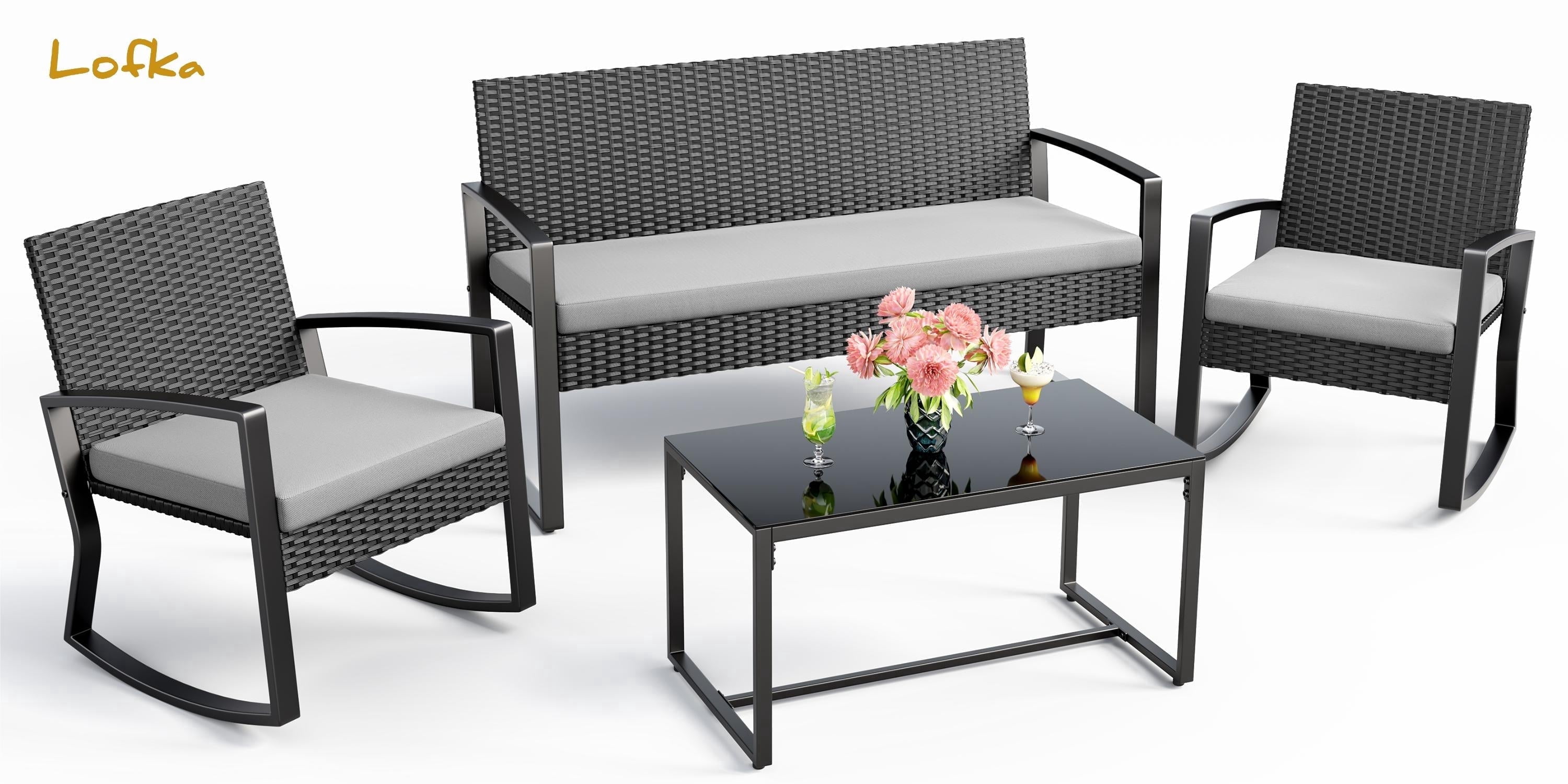 Lofka Outdoor Patio Furniture Set with Rocking Chairs and Tempered Glass Table for Balcony, Garden & Bistro in Gray, Rattan & Metal
