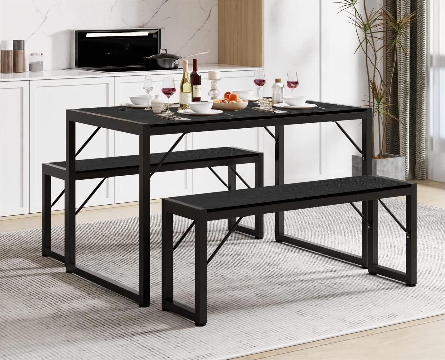 Lofka 3-Piece Rectanglar Kitchen Dining Table Set for 4 for Dining Room, 1 Table & 2 Benches, Black