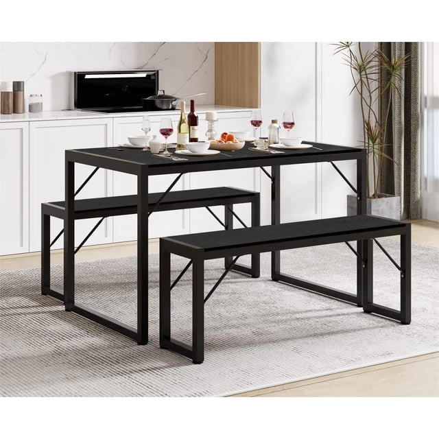 Lofka 3-Piece Rectanglar Kitchen Dining Table Set for 4 for Dining Room, 1 Table & 2 Benches ...