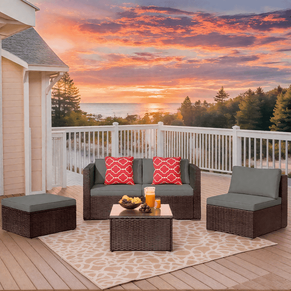 Outdoor Furniture Set, Lofka Patio Sectional Furniture Set with Rattan Wicker Sofa and Tempered Glass Table, Seating for 4, Gray Cushion