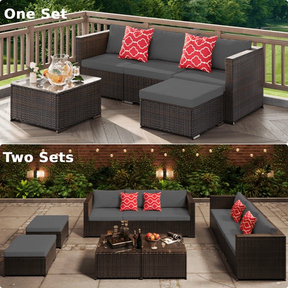 Outdoor Furniture Set, Lofka Patio Sectional Furniture Set with Rattan Wicker Sofa and Tempered Glass Table, Seating for 4, Gray Cushion