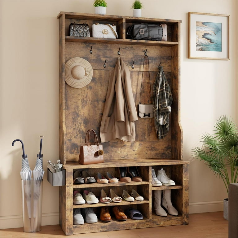 Lofka 5-in-1 Hall Tree, Rustic Brown, Bench Shoe Storage