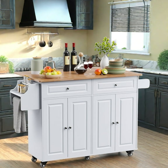 Lofka 52-Inch Kitchen Island with Storage on Wheels with Wood Drop Leaf, Ideal for Small Kitchens