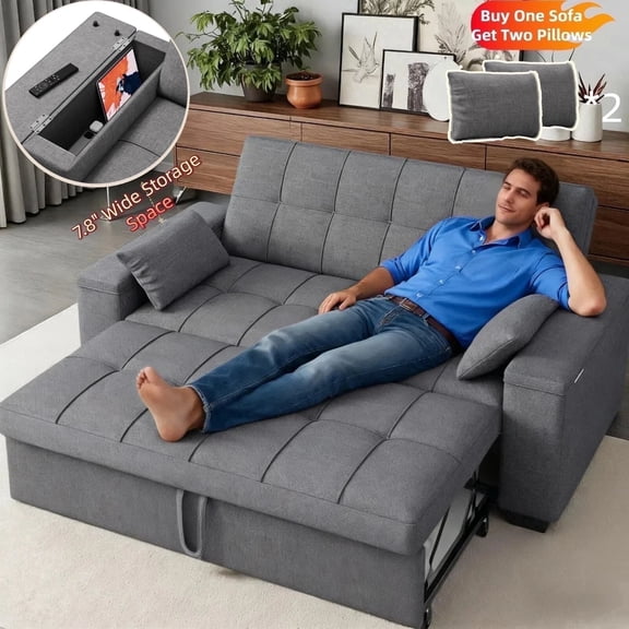 Lofka 69" Wide Convertible Sofa Bed with 2 Armrest Storage Compartments, Queen Size Sleeper Sofa for Living Room, Holds 600lbs, Dark Grey