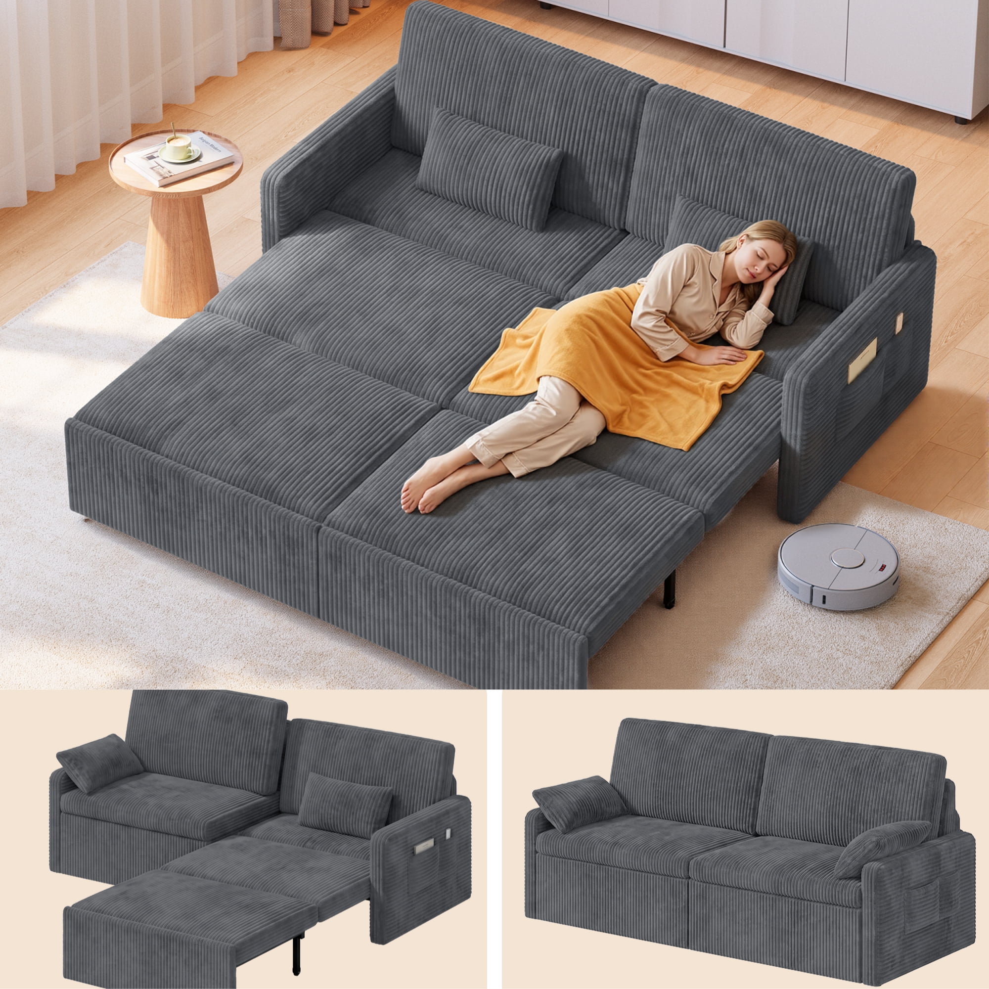 78"W 6 in 1 Convertible  Sofa Bed, Lofka Big Corduroy Sleeper Pull Out Couch with 23.6" Extra Deep Seat, 600 lbs Heavy Duty Metal Frame, Dark Gray