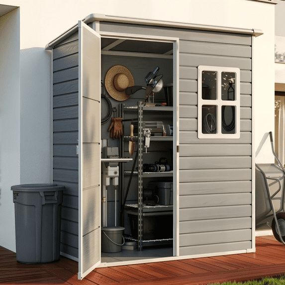 Plastic Shed with Floor, 5x3 ft Outdoor Resin Storage Shed for Garden Tools, Waterproof Lockable Door for Backyard, Patio & Lawn, Gray