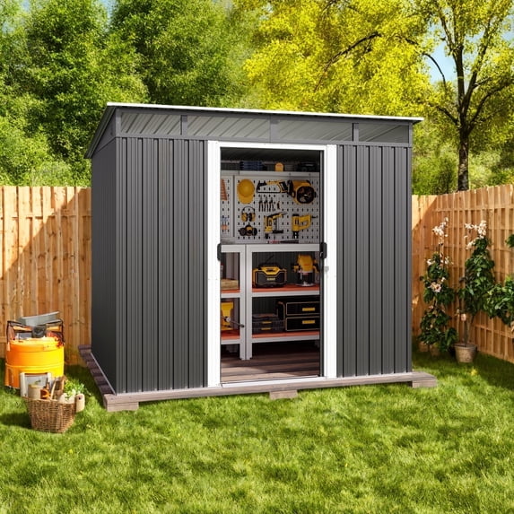 6×8 FT Outdoor Metal Storage Shed with Steel Base Kit & Metal Door – Black Garden Shed for Backyard, Poolside, or Patio