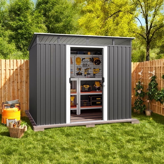 68 FT Outdoor Metal Storage Shed with Steel Base Kit & Metal Door Black Garden Shed for Backyard, Poolside, or Patio