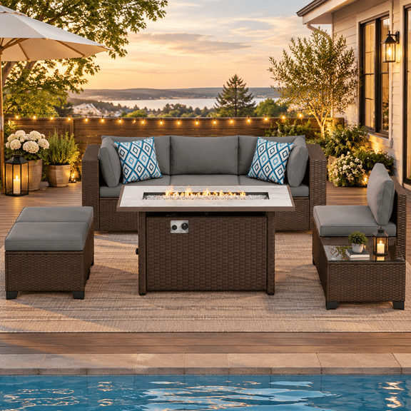 Lofka 6-Piece Outdoor Sofas, Outdoor Patio Furniture Set with Gas Fire Pit Table, 3-Seat Wicker Sofa, Chair, 2 Ottomans and Glass-Top Coffee Table