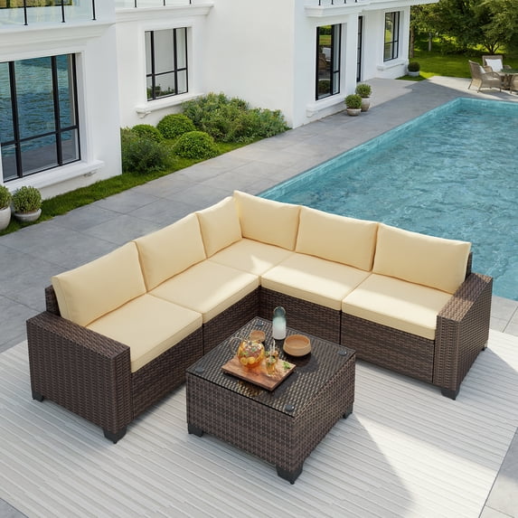 Lofka 6 Pieces Outdoor Patio Conversation Set with Beige Pillows Balcony Furniture Set for Porch, Garden, Deck and Backyard