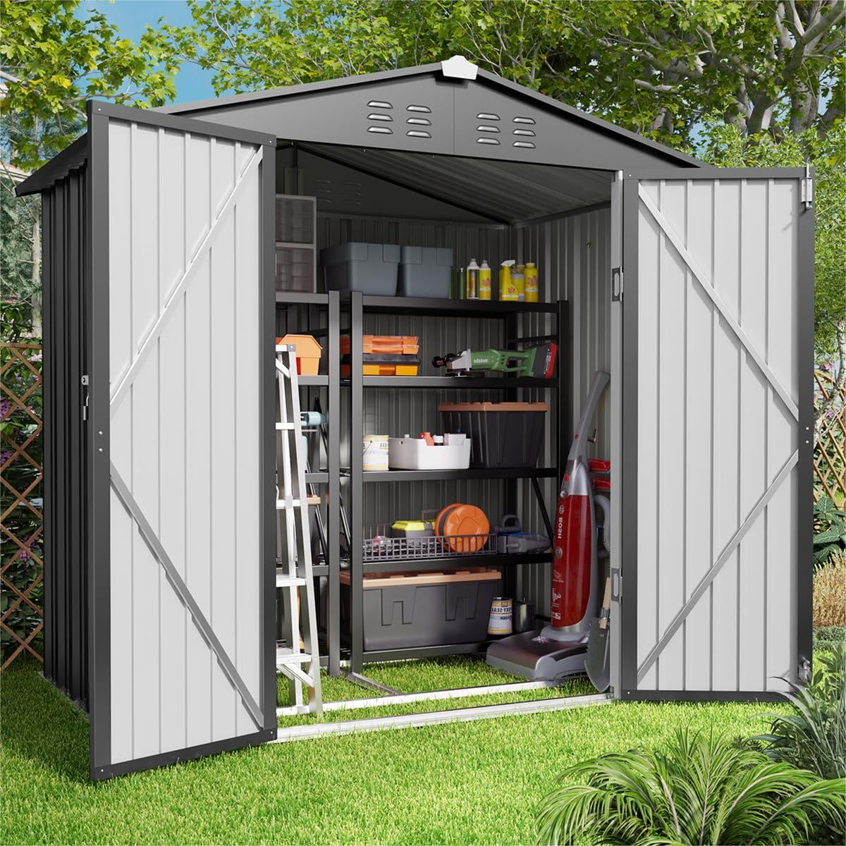 Lofka 6 x 4 FT Metal Outdoor Storage Shed with Double Lockable Doors ...